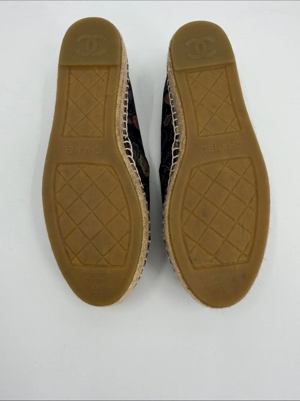 Black Canvas Floral Espadrille Flats with Large CC Logo